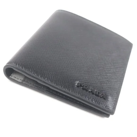 Prada 2 Mo004 Logo Plate Saffiano Martic Leather Bifold Card Case Billfold Nero - Picture 4 of 9